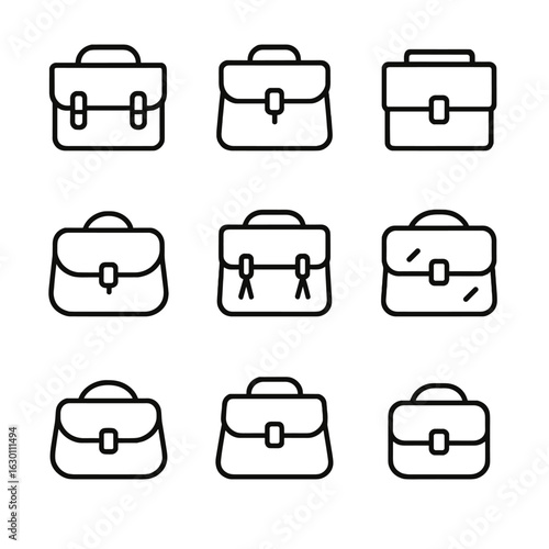 Satchel Icon Collection. Outline icon set of satchel styles: vintage satchel, modern satchel, boxy satchel, curved flap satchel,