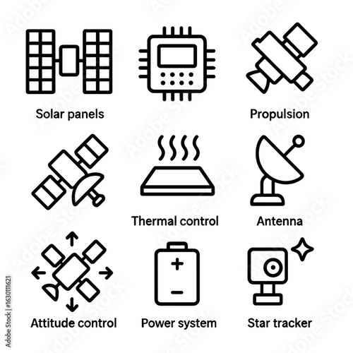 Satellite Icon Set. Outline icon set of medium orbit satellite features: solar panels, onboard computer, propulsion system,