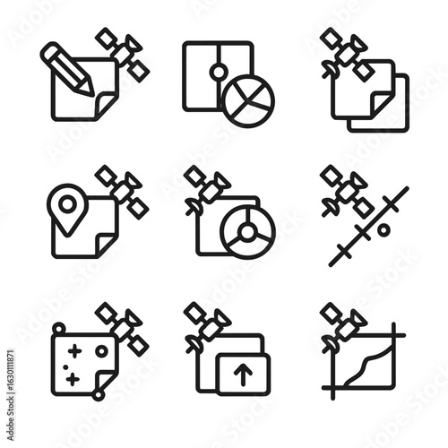 Satellite Imagery Icons. Outline icon set of satellite imagery processing: image sharpening, contrast adjustment, stitching,
