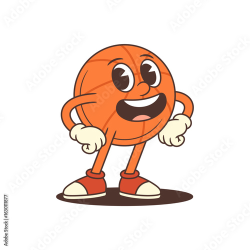 Basketball mascot with wide smile, expressive eyes, and confident stance with hands on hips. Perfect for sports branding, youth teams, and educational projects. Vector illustration