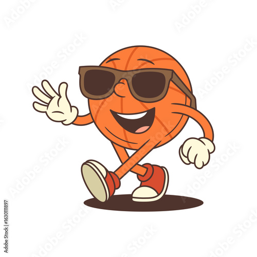 Smiling basketball mascot with dark sunglasses and casual stance, radiating charm. Ideal for sports branding, streetwear, youth content, or fun social media visuals. Colorful vector illustration