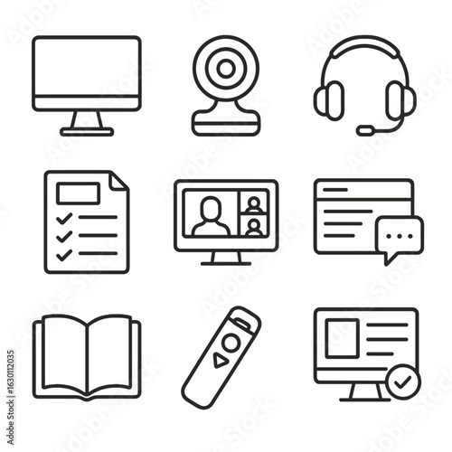 Virtual Classroom Icons. Outline icon set of virtual classroom setup: computer, webcam, headset, lesson plan,