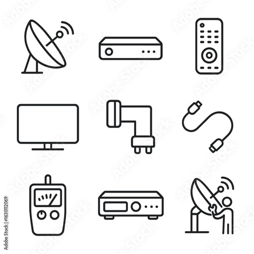 Satellite TV Icon Set. Outline icon set of satellite TV components: satellite dish, set-top box, remote control, TV screen, LNB,