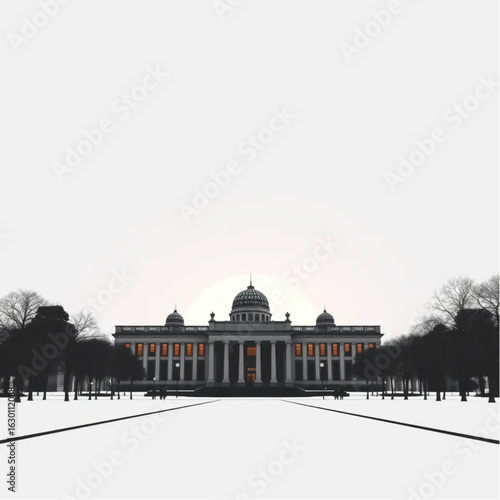 National Museum of Anthropology silhouetted at sunset in Mexico City at the height of a snowy winter