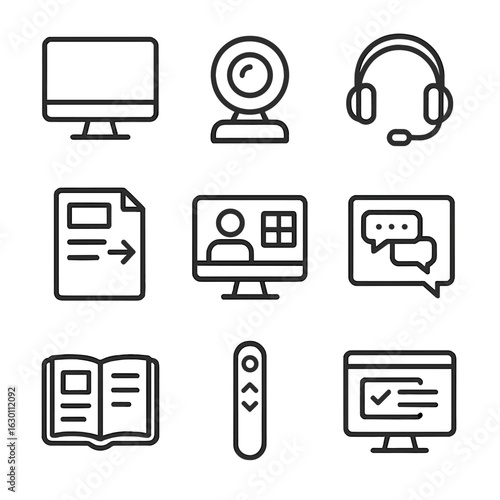 Virtual Classroom Icons. Outline icon set of virtual classroom setup: computer, webcam, headset, lesson plan,
