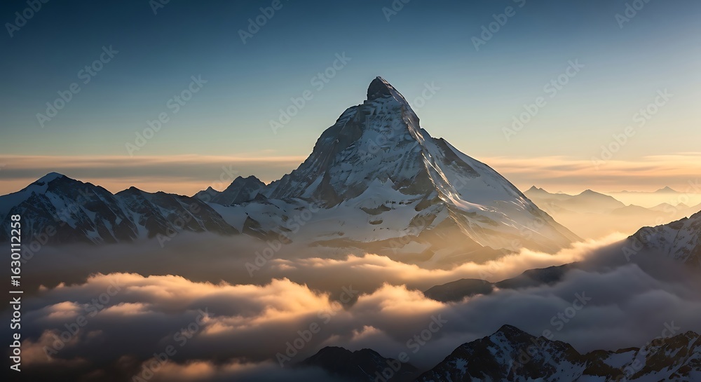 Naklejka premium Majestic Golden Mountain Peak Rising Above the Clouds