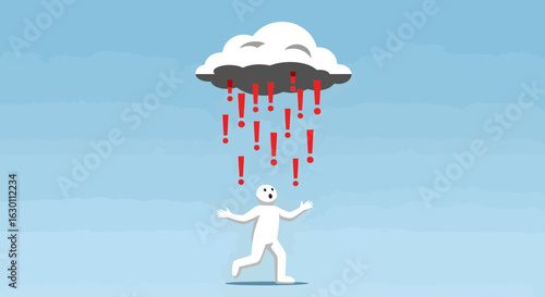 Overwhelmed person caught in a storm of red exclamation marks raining from a dramatic cloud silhouette, symbolizing stress and urgent warnings