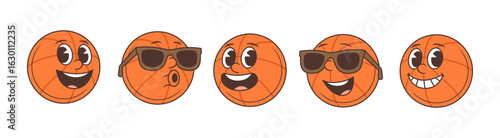 Dynamic basketball mascot featuring joyful, cool, and mischievous expressions with stylish sunglasses and lively personality. Ideal for sports branding, youth events, and engaging promotional content