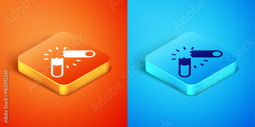 Isometric Broken cigarette icon isolated on orange and blue background. Tobacco sign. Smoking symbol. Vector
