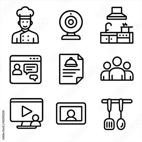 Virtual Cooking Icon Set. Outline icon set of virtual cooking classes: instructor, webcam, microphone, kitchen
