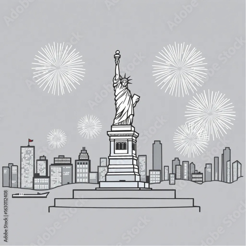 Statue of Liberty dazzling with fireworks in New York on a warm summer evening