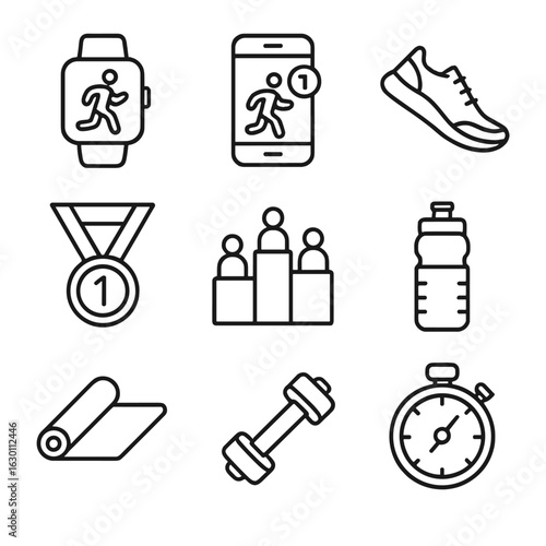 Virtual Fitness Icons. Outline icon set of virtual fitness challenges: smartwatch, app notification, running