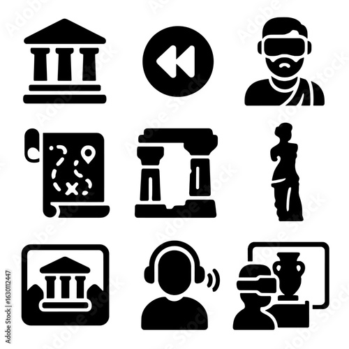 Virtual History Tour Icons. Solid, filled icons set of historical city tours in VR: ancient architecture icon,