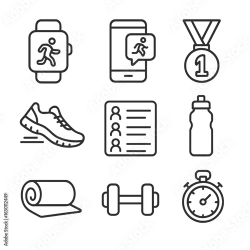 Virtual Fitness Icons. Outline icon set of virtual fitness challenges: smartwatch, app notification, running