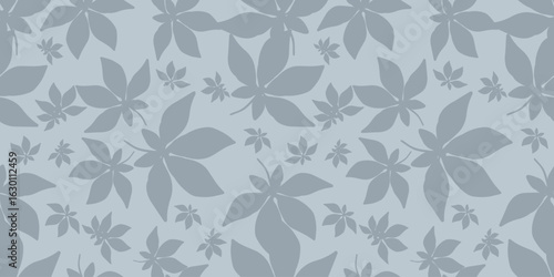 Minimalist autumn seamless pattern with silhouettes of falling maple leaves of various sizes in natural soft colors. Perfect for printing on fabric, wrapping paper, stationery and wallpaper.