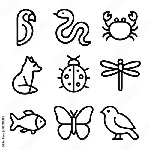 Scarlet Animal Icons. Outline icon set of scarlet animals and creatures: scarlet parrot, scarlet snake, scarlet crab, scarlet fox,