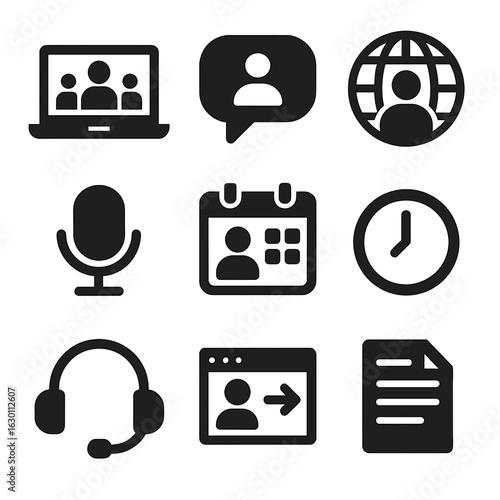 Virtual Meeting Icons. Solid, filled icons set of virtual meetings with global team members: laptop, video