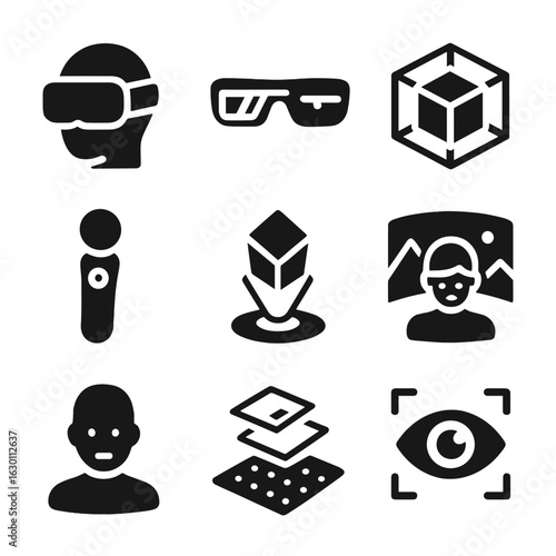 Virtual Reality Icons. Solid, filled icons set of virtual reality and augmented reality: VR headset, AR
