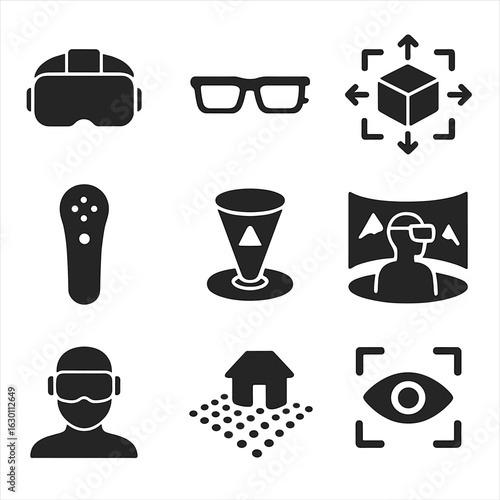 Virtual Reality Icons. Solid, filled icons set of virtual reality and augmented reality: VR headset, AR