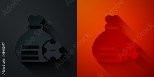Paper cut Money bag icon isolated on black and red background. Dollar or USD symbol. Cash Banking currency sign. Paper art style. Vector