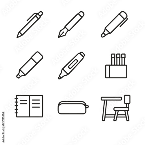 School Pens Icon Set. Outline icon set of school pens: student pen, ink pen, erasable pen, color pen, correction pen, refill box,