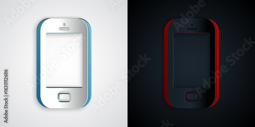 Paper cut Smartphone, mobile phone icon isolated on grey and black background. Paper art style. Vector