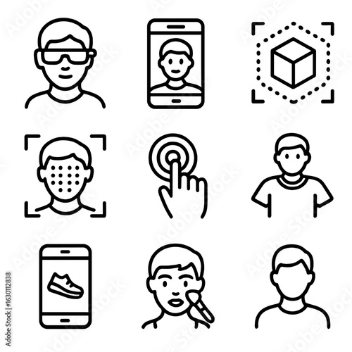 Virtual Try-On Icons. Outline icon set of virtual try-ons: augmented reality glasses, smartphone screen, 3D