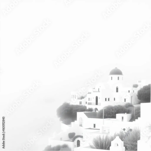 Santorini Village half-hidden in fog in Santorini during the crisp autumn afternoon