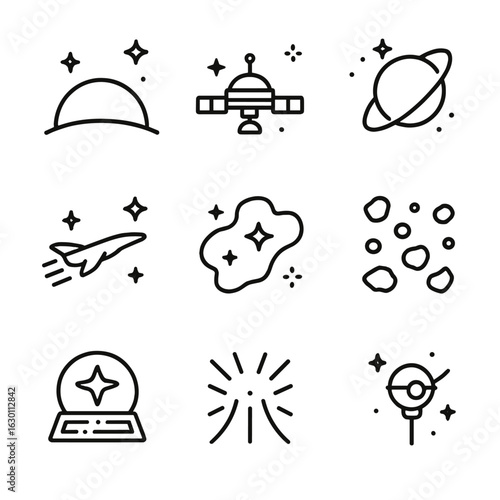 Sci-Fi Vistas Icons. Outline icon set of sci-fi starscape vistas: futuristic planet horizon, space station silhouette against