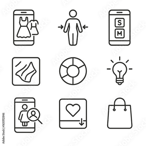 Virtual Try-On Icons. Outline icon set of virtual clothing try-on: dress overlay, body shape adjustment, size