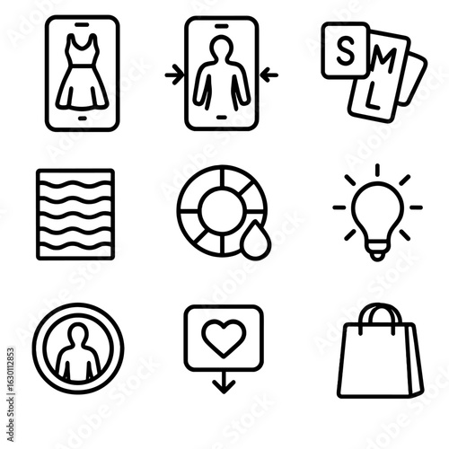 Virtual Try-On Icons. Outline icon set of virtual clothing try-on: dress overlay, body shape adjustment, size