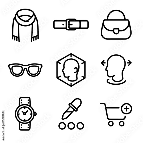 Virtual Try-On Icons. Outline icon set of virtual accessory try-on: scarf, belt, handbag, sunglasses, watch,