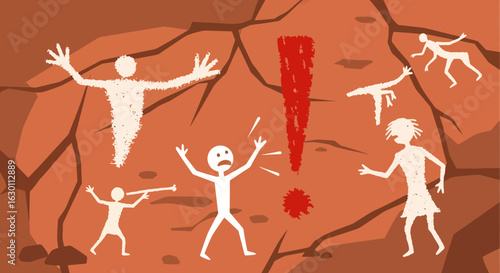 Dramatic ancient cave painting silhouette depicts prehistoric struggle with figures in action and a striking red exclamation mark conveying urgency and danger