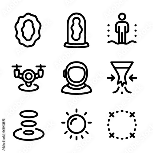 Sci-Fi Void Icons. Outline icon set of sci-fi void concepts: dimensional rift, portal, anti-gravity field, void drone, void suit