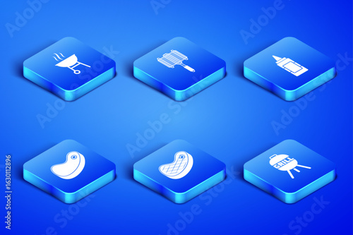 Set Barbecue grill, Steak meat, steel grid and Mustard bottle icon. Vector