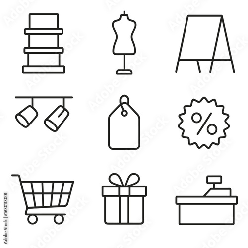 Visual Merchandising Icons. Outline icon set of visual merchandising: product stands, display mannequins,