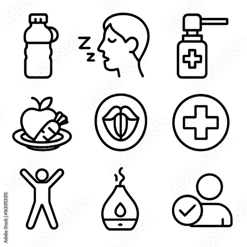 Vocal Health Icons. Outline icon set of vocal health and care: water bottle, vocal rest, throat spray, healthy