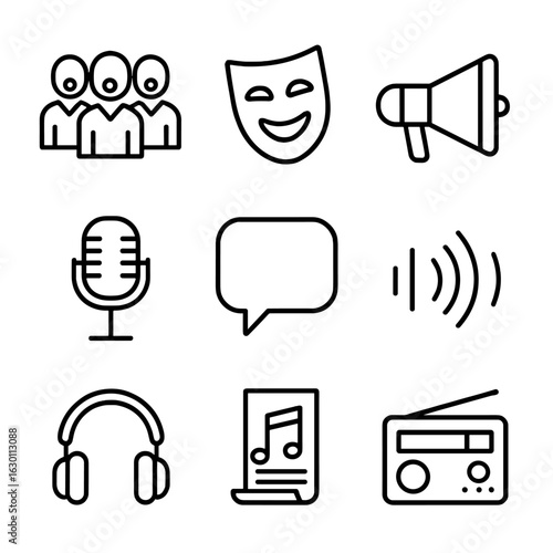 Vocal Tradition Icons. Outline icon set of vocal traditions: choir, opera mask, megaphone, microphone, speech