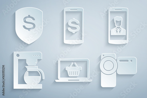 Set Shopping basket on laptop, Smartphone with contact, Coffee machine pot, Cinema camera, dollar and Shield and icon. Vector