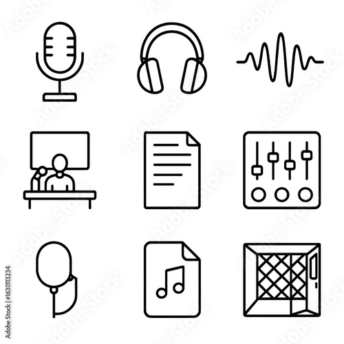 Voiceover Recording Icons. Outline icon set of voiceover recording for TV: microphone, headphones, sound wave,