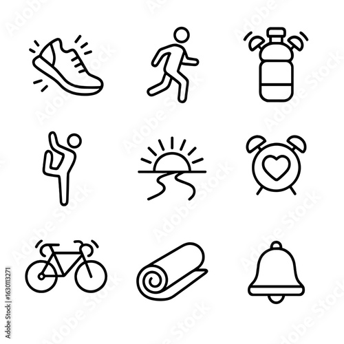 Fitness Alarm Icons. Outline icon set of fitness wake-up alarms: running shoe with alarm, morning jog silhouette, hydration