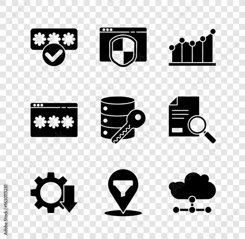Set Password protection, Browser with shield, Pie chart infographic, Cost reduction, Location sales funnel, Network cloud connection, and Server security key icon. Vector