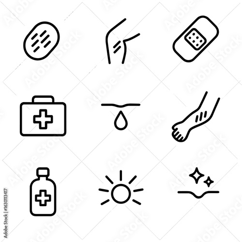 Scrape Injury Icons. Outline icon set of scrape injuries: skin abrasion, scraped knee, bandage, first aid kit, bleeding wound,