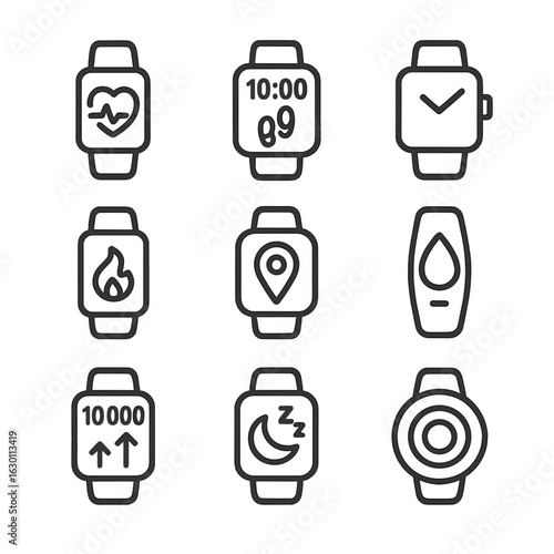 Fitness Tracker Icons. Outline icon set of fitness trackers: heart rate monitor, pedometer, smartwatch, calorie counter, GPS