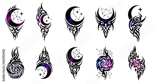 Stunning tribal moon and star constellation silhouette designs for mystical, cosmic, and celestial body art inspiration