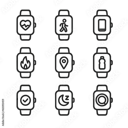 Fitness Tracker Icons. Outline icon set of fitness trackers: heart rate monitor, pedometer, smartwatch, calorie counter, GPS