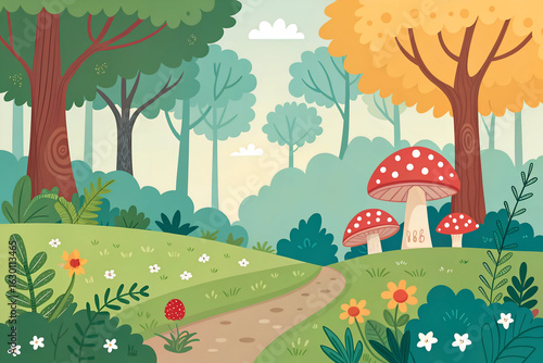 Enchanting woodland path with whimsical mushrooms and blooming flowers