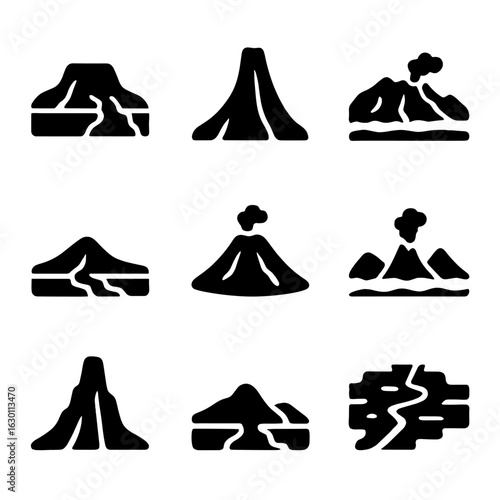 Volcanic Landforms Icons. Solid, filled icons set of volcanic landforms: lava plateau, volcanic neck, volcanic