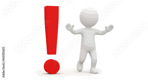 Dynamic 3D white figure with arms outstretched beside a bold red exclamation mark silhouette, conveying surprise, attention, or a crucial alert