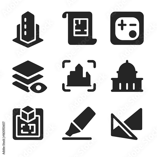 VR Architecture Icons. Solid, filled icons set of architectural sightseeing in VR: 3D skyscraper model,